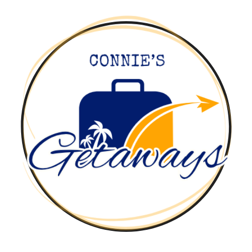 Logo for Connie's Getaways. Blue and Yellow Suitcase on a white background with a white palm tree silhouetted against the blue of the suitcase.